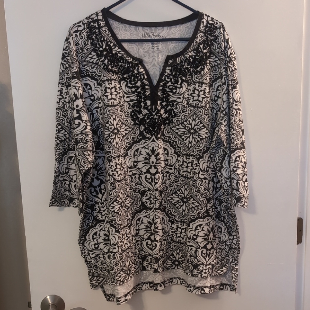Ulla Popken 100% Cotton Black and White Ornate Tunic